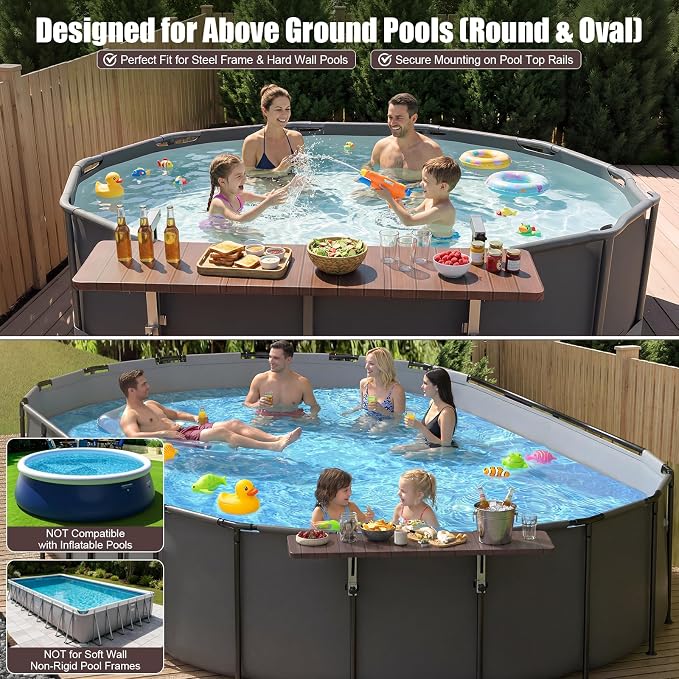 Uniflasy Above Ground Pool Accessories Pool Bar for Above Ground Pool Bar Table 47.2" 110LBS Heavy Duty Swimming Poolside Bar Table Shelf Deck Attachment for Round Oval Pools, Adjustable Folding