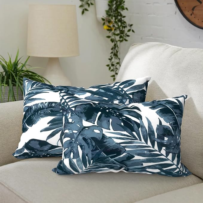DYTXIII Pack of 2 Waterproof Outdoor Lumbar Pillow with Inserts, 12x20 in Rectangle Decorative Patio Throw Pillow for Home, Sofa,Bench and Patio Furniture, Palm Blue