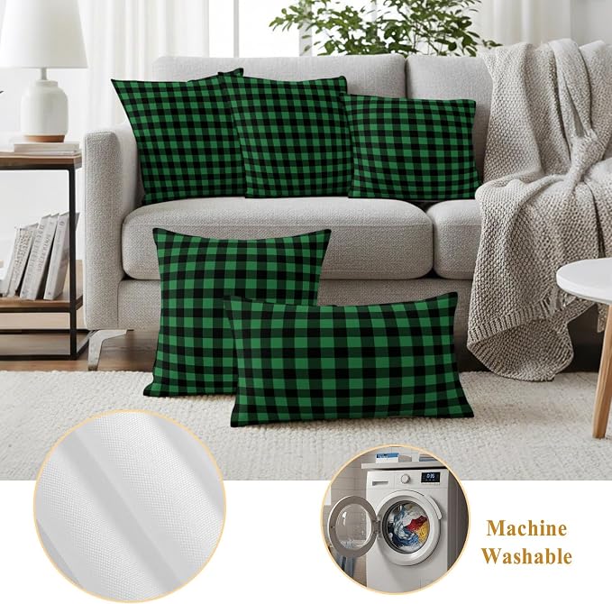 Forest Green Checks Outdoor Pillow Covers 18"x18" Set of 2, Black Gingham Plaid Abstract Modern Waterproof Throw Pillow Covers for Patio Furniture, Decorative Cushion Covers for Porch