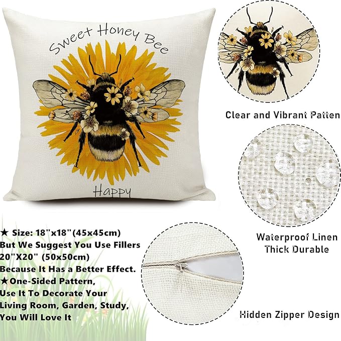Outdoor Bee Pillow Covers Waterproof Furniture Decor Patio Garden Bee Decorations for Home Outside Chair Cushions Throw Pillows 18x18 Inch Set of 4 Decorative for Couch Sofa ﻿