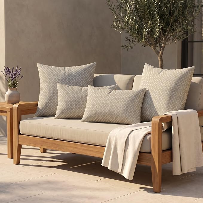 RSH DECOR: Sunbrella Lumbar & Square Pillows Set of 4 | 20" x 12" & 20" x 20" | Water and Fade-Resistant Performance Fabric | Outdoor Throw Pillows for Patio Furniture | Made in USA (Molina Mushroom)