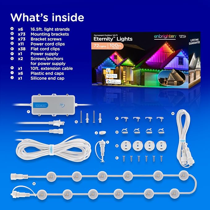 Enbrighten Eternity Permanent Outdoor Lights, 100ft, 72 Lights, Smart | White Cord, RGBWIC LEDs, Weatherproof, Cuttable, Link to 200ft, Christmas, App Control, Works with Alexa & Google Home