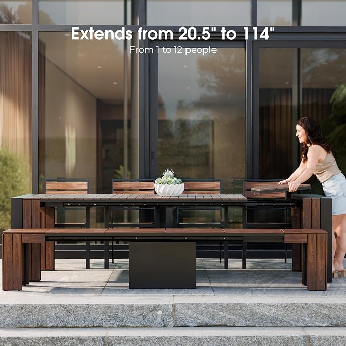 Transformer Table - Extendable Outdoor Dining Set up to 12 Seats, Expandable Patio Table, Weather-Resistant Patio Furniture, Outdoor Furniture, Dark Walnut, Brown (Table + Bench)