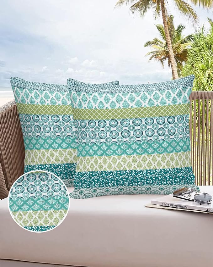 Outdoor Waterproof Throw Pillow Covers Set of 2 Teal Boho Stripe Tribal Vingtage Lumbar Pillowcases 16x16 Inch Green Bohemian Style Decorative Pillows Cushion Case Patio Pillows for Couch Bed Garden
