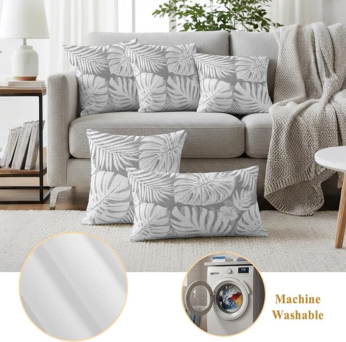 Light Grey Palm Leaves Outdoor Pillow Covers 26"x26" Set of 2, Tropical Botanical Modern Minimalist Waterproof Throw Pillow Covers for Patio Furniture, Decorative Cushion Covers for Porch