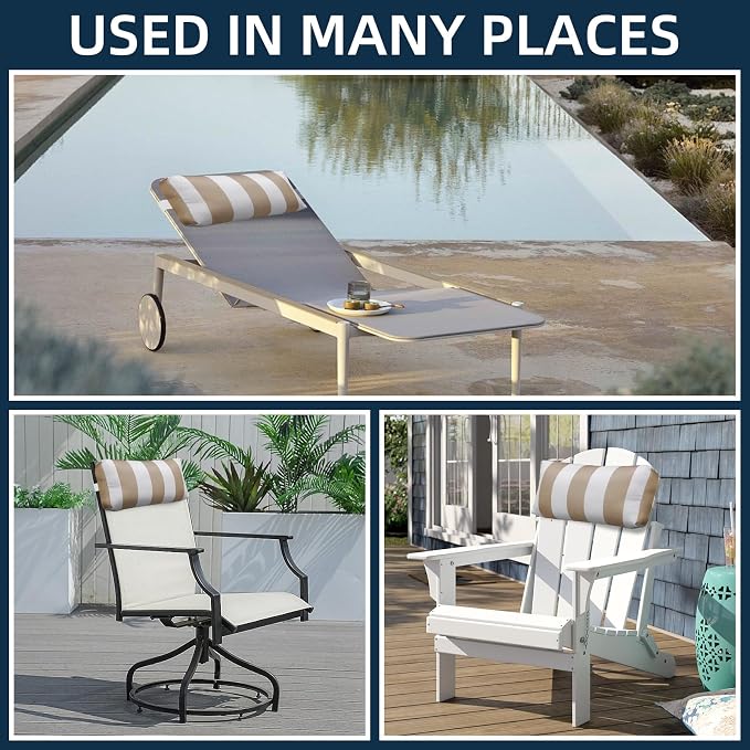 Outdoor Pillow for Chaise Lounge Chair, 2pcs Striped Chaise Lounge Pillows, Adjustable Strap Head Lumbar Pillow for Patio Pool Beach Office, Khaki