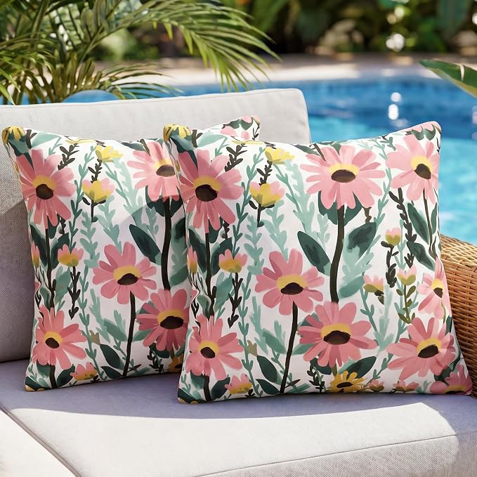 Floral Waterproof Outdoor Throw Pillow Covers 18x18 Inch Set of 2 | Pink Floral Pillow Cover, Summer Outdoor Decor Cushion Cases for Garden Patio Balcony Funiture Porch Couch Sofa
