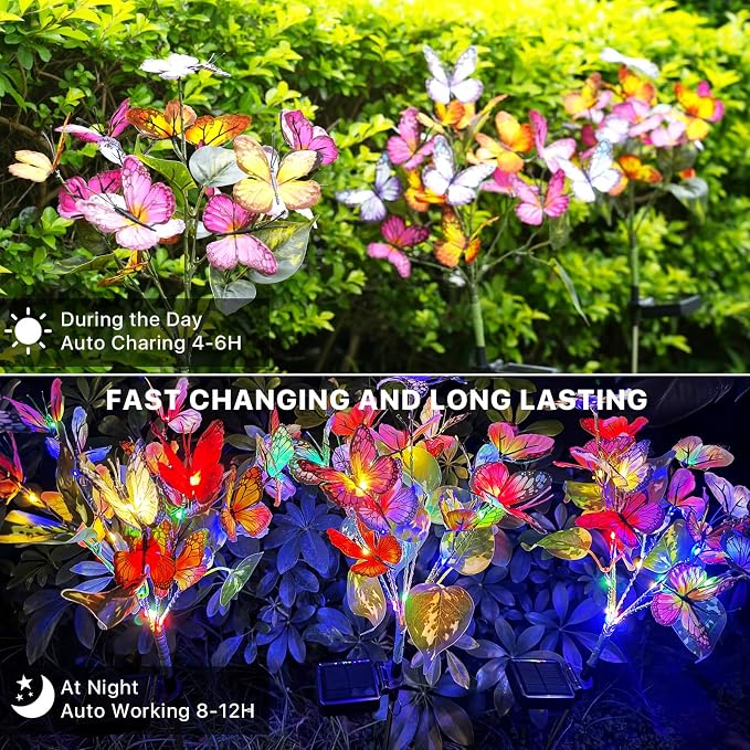 Adecorty Solar Garden Lights Solar Lights Outdoor Waterproof Decorative 4 Pack with 88 LED 68 Butterfly Solar Lights for Garden Yard Decor Christmas Decorations, Gifts for Mother's Day Mom