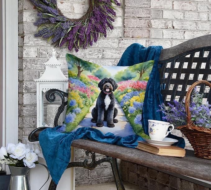 Caroline's Treasures Portuguese Water Dog Spring Path Throw Pillow Machine Washable, Indoor Outdoor Decorative Pillow for Couch, Bed or Patio, 18Hx18W