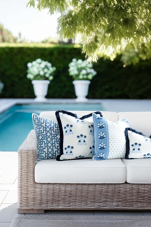 Hofdeco Premium Coastal Hampton Patio Indoor Outdoor Throw Pillow Cover Only, 20"x20" Water Repellent for Backyard, Couch, Poolside, Azure Blue Print Fretwork Trellised Screen