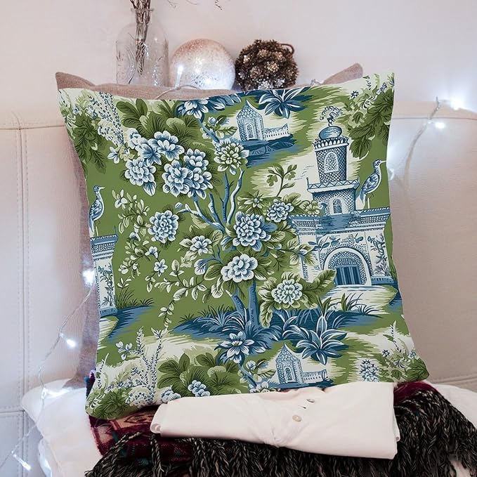 Pagoda Garden Imperial Green Chinoiserie Outdoor Throw Pillow Covers Asian Peacock Floral Waterproof Throw Pillowcase 24x24 in Rustic Accent Throw Pillow Covers for Patio Furniture Tent Garden