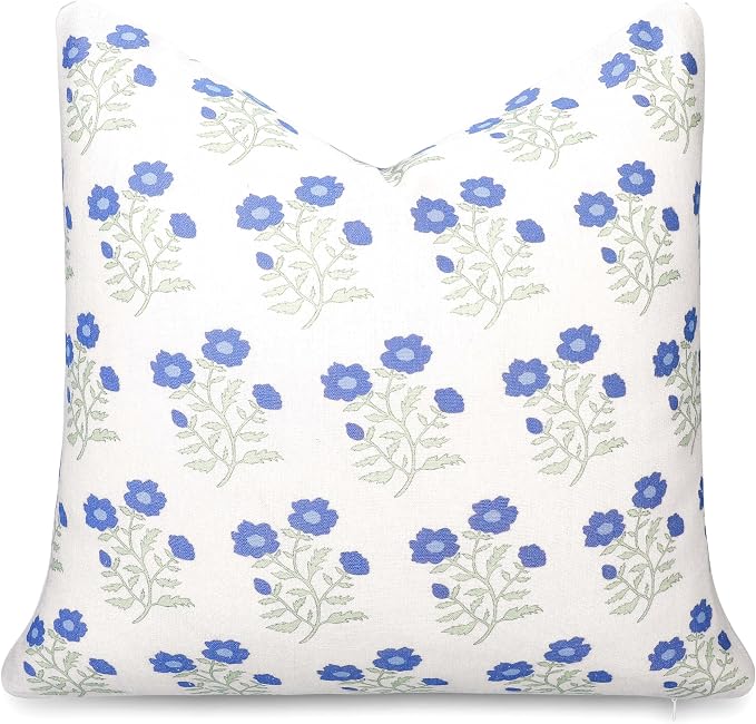 California Casual Coastal Indoor Outdoor Throw Pillow Cover, 20"x20" Water Repellent for Patio, Backyard, Couch, Poolside, Azure Blue Green Print Block Painting Flowers