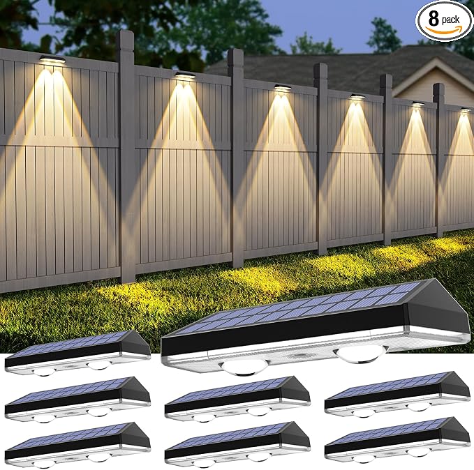 Solar Fence Lights ,RGB & Warm White & 6 Colors Bright Lens LED Dusk to Dawn Deck Light, Fence Solar Lights Outdoor Waterproof, Solar Outdoor Lights for Backyard/Railing/Wall/Step/Patio/Pool (8Pack)