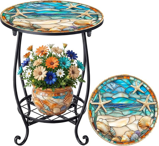 Cinnvoice Outdoor Side Table Round Small Mosaic Patio Accent Indoor End Plant Coffee Tea Table for Yard Patio Porch Garden Living Room, Bedroom(Beach Starfish Style,14 Inch)