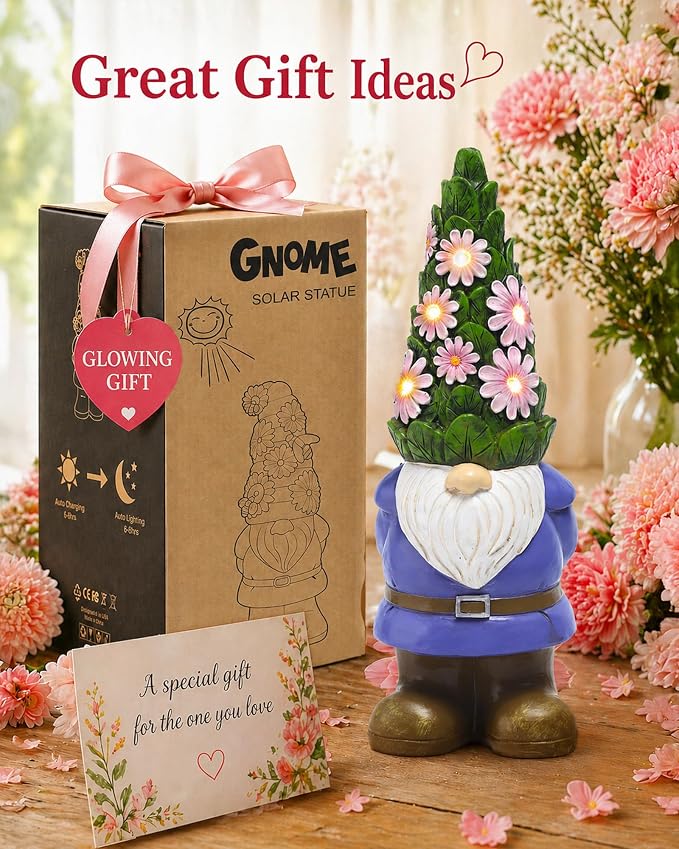 Nacome Solar Garden Outdoor Statues Gnome with Succulent | 7 LED Lights, Lawn Decor Statue for Patio, Balcony, Yard Ornament, Gifts for Mom Grandma Women