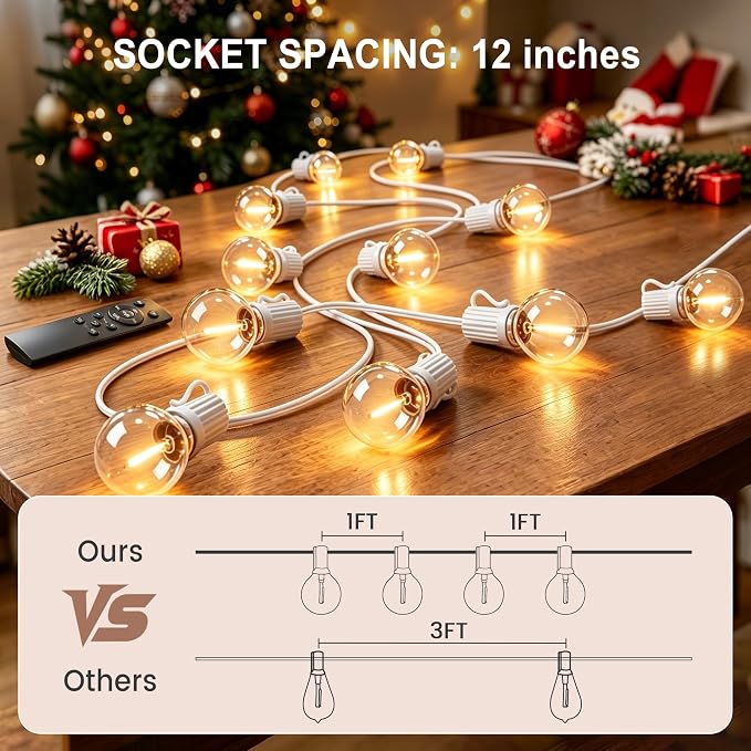 Outdoor-String-Lights with Remote 102FT Waterproof lights for Outside Patio | 1FT Bulbs Apart, White Cord String Lights, Connectable Dimmable Patio Lights with Remote,Timer, 3 Modes for Backyard,Bistro
