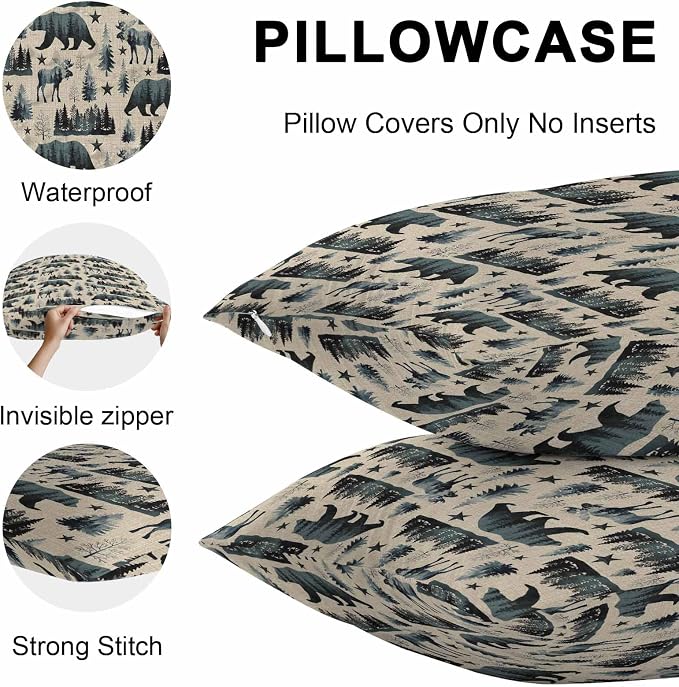 Vintage Bear Elk Cabin Outdoor Pillow Covers 20x20 Inch Throw Pillow Covers Set of 2 Waterproof Decorative Pillow Cases Farmhousee Pine Tree Rustic Cushion Covers for Patio Furniture Garden Couch Sofa