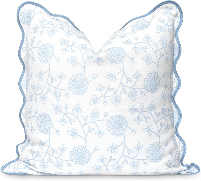 Hofdeco Premium Coastal Patio Indoor Outdoor Scalloped Throw Pillow Cover Only, 20"x20" Water Repellent for Backyard, Couch, Baby Blue Print Dahlia Floral