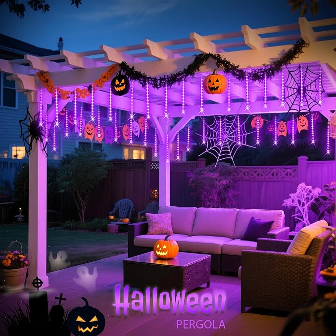JMEXSUS Solar Halloween Lights Outdoor Purple Solar Lights | 8 Tube 144 LEDs, Solar Meteor Shower Lights for Halloween Tree Fence Eaves Patio Yard Holiday Party Decor