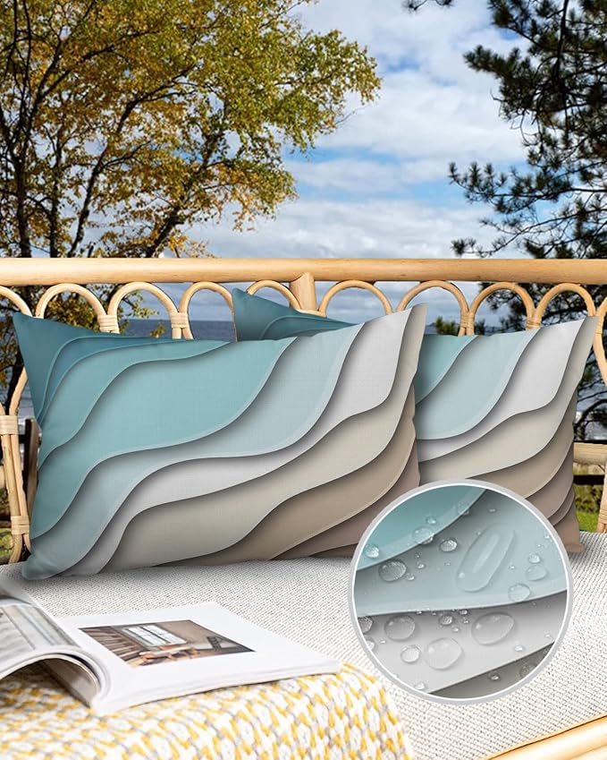 Outdoor Pillows 20x12 Waterproof Outdoor Pillow Covers Ombre Stripes Turquoise Brown Polyester Throw Pillow Covers Garden Cushion Decorative Case for Patio Couch Decoration Set of 2 Abstract Striped