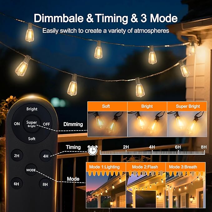 BLIATLUS 100FT Solar String Lights, Waterproof Outdoor with Remote 30+2 ST38 LED for Porch Fence