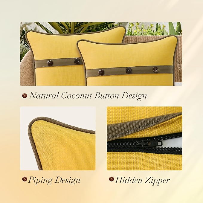 Outdoor Sunbrella Decorative Pillows with Triple Coconut Buttons Pack of 4, 16" x 16" Outdoor Pillow Set for Couch Bed Throw Patio Sofa, Spectrum Daffodil/Canvas Cocoa