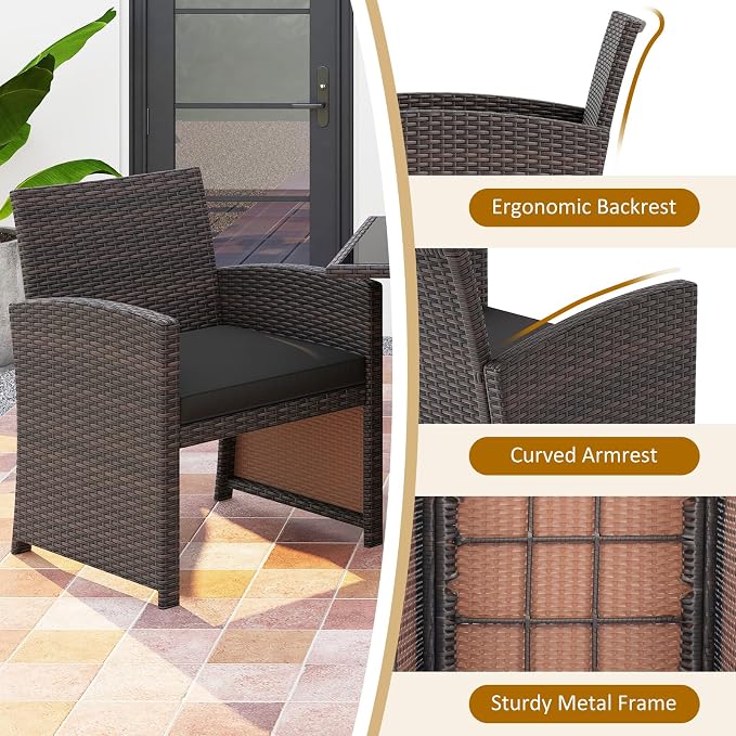 HAPPYGRILL 3 Pieces Patio Wicker Dining Set, Balcony Furniture Set w/Tempered Glass Dining Table, 2 Chairs, Comfy Cushions, Space-Saving Dining Set for Small Spaces, Perfect for Garden, Backyard