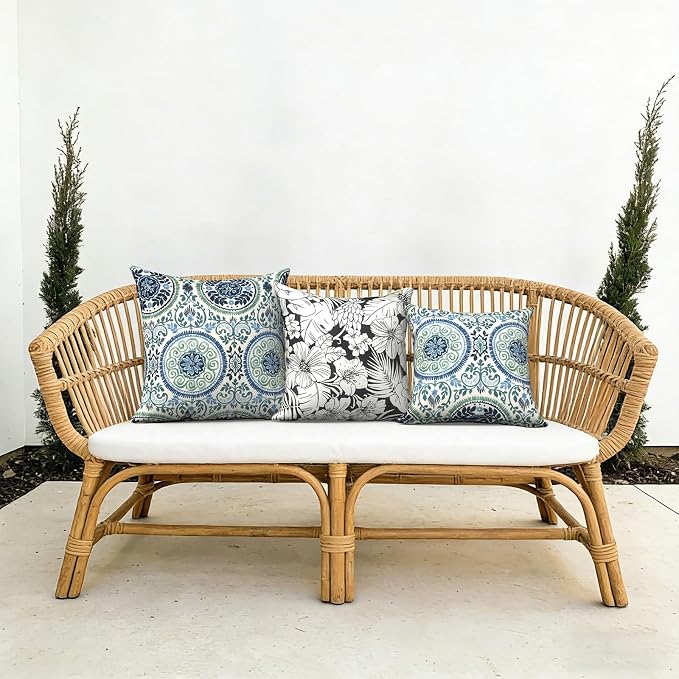 Outdoor Pillows with Insert 18x18 Inch, Waterproof Throw Pillow for Patio Furniture, Decorative Back Cushion for Garden Home Sofa Office Chair, Set of 2, Tropical Blossom Noir
