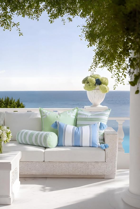 Hofdeco Premium Coastal Hampton Outdoor Performance Throw Pillow Cover Only, 20"x20" Water Repellent, UV and Fade Resistant for Backyard, Couch, Poolside, Grass Green Embroidered Frame Greek Key