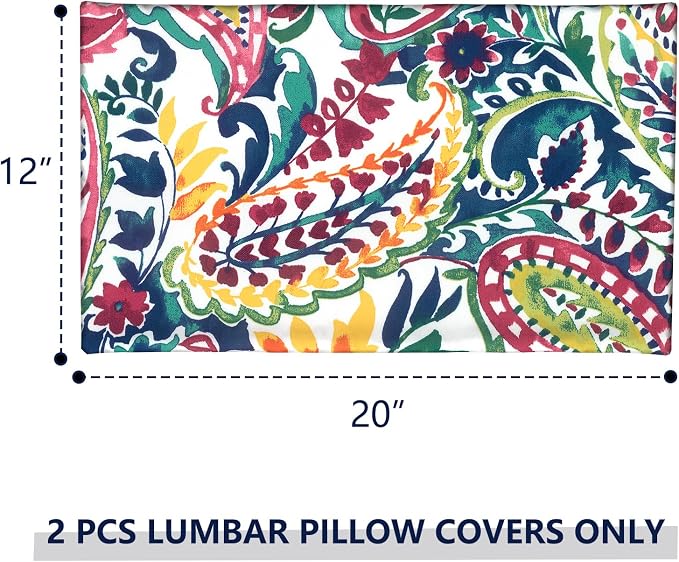Outdoor Lumbar Pillow Covers 12”x20”, Rectangle Throw Pillow Covers for Patio Furniture, Decorative Lumbar Cushion Case for Garden Balcony Couch Office Chair, Pack of 2, Vigour Paisley
