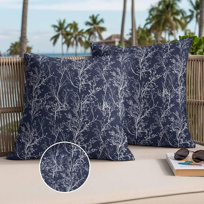 Navy Blue Branches Waterproof Outdoor Pillow Covers Set of 2 Home Decor, Abstract Art Leaves Plant Pillowcase Patio Pillow Covers for Couch Bench Patio Furniture Garden 18x18in