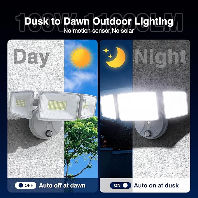 Onforu 100w Dusk to Dawn Outdoor Lighting,11000LM Led Outdoor Light from Dusk Till Dawn,Super Bright Flood Light,IP66 Waterproof Exterior Security White Light Fixture,3 Heads Photocell for Garage,Yard