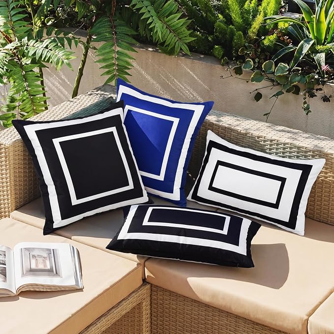 Pyonic Outdoor Waterproof Throw Pillow Covers 12 X 20 Inches Black and White Geometric Modern Pillow Covers for Patio Garden Porch Set of 2