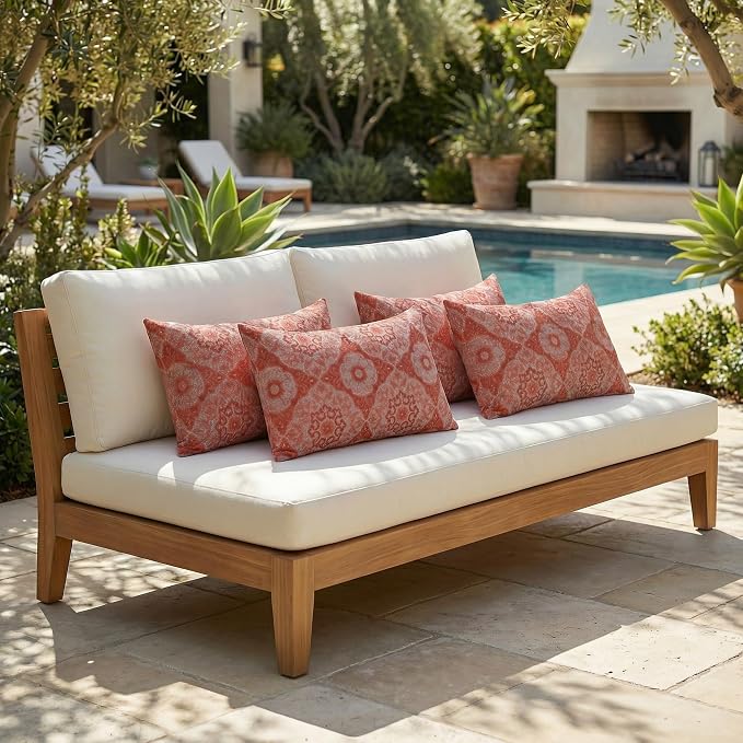 RSH DECOR: Outdura Lumbar Throw Pillows Set of 4 | 20" x 12" | Water and Fade-Resistant Performance Fabric | Outdoor Pillow Covers with Down-Alternative Inserts | Made in USA (Ayorline Flamin)