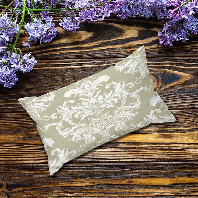 Set of 2 Tan Off Green White Damask Pattern Print Decorative Throw Pillow Covers 12x20in Farmhouse Rectangle Accent Pillow Cases Cushion Cover Cases for Sofa Chair Bedroom Home Decor