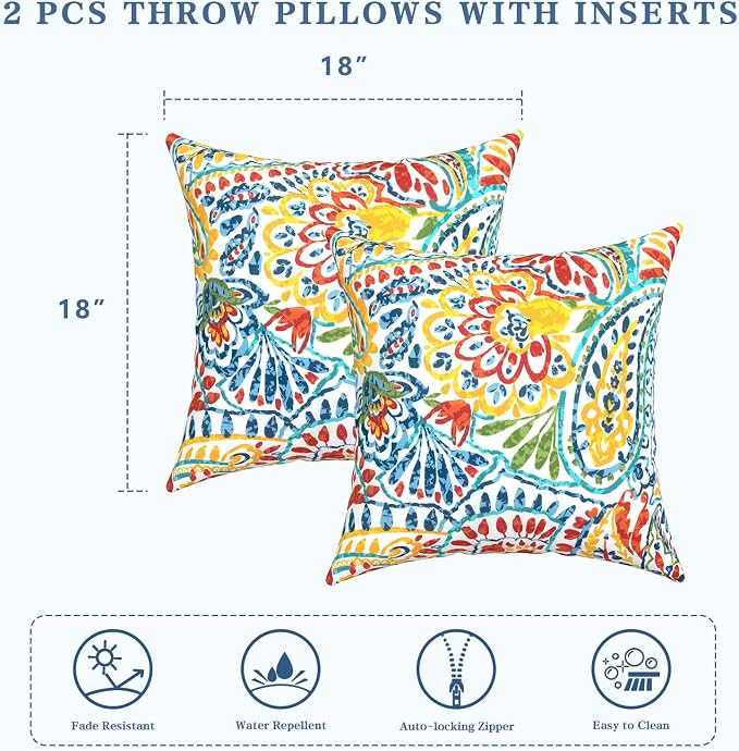 LVTXIII Outdoor/Indoor Throw Pillows, Decorative Throw Pillows with Inserts, 18”x18” Square Pillows for Bed, Couch, Sofa and Patio Furniture (Set of 2, Paisley Multi)