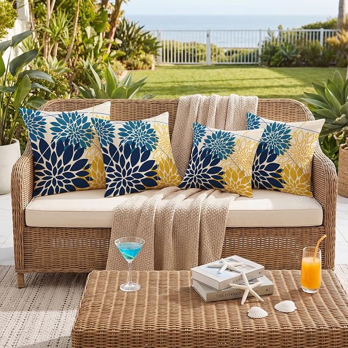OTOSTAR Outdoor Dark Blue Cyan Yellow Pillow Covers 20x20 Inch Set of 2 Flower Throw Pillows Farmhouse Geometric Dahlia Floral Square Cushion Case Waterproof Decor for Sofa Patio Funiture Garden