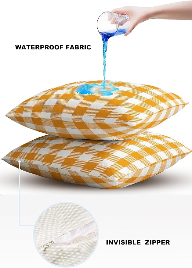 Outdoor Waterproof Throw Pillow Covers Set of 2 Orange Buffalo Check Plaid Pillowcases 26x26 Inches Farmhouse Style Patio Decorative Pillows Cushion Case Patio Pillows for Couch Bed Chair Garden