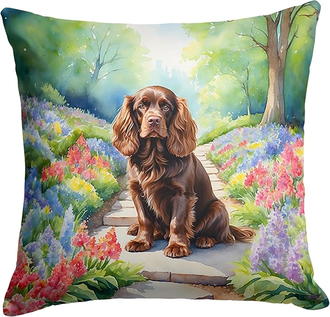 Caroline's Treasures Sussex Spaniel Spring Path Throw Pillow Machine Washable, Indoor Outdoor Decorative Pillow for Couch, Bed or Patio, 14Hx14W