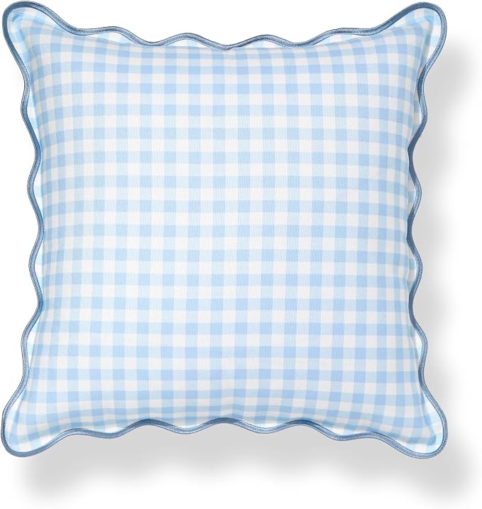 Hofdeco Premium Coastal Hampton Scalloped Patio Indoor Outdoor Throw Pillow Cover Only, 20"x20" Water Repellent for Backyard, Couch, Poolside, Baby Blue Print Gingham