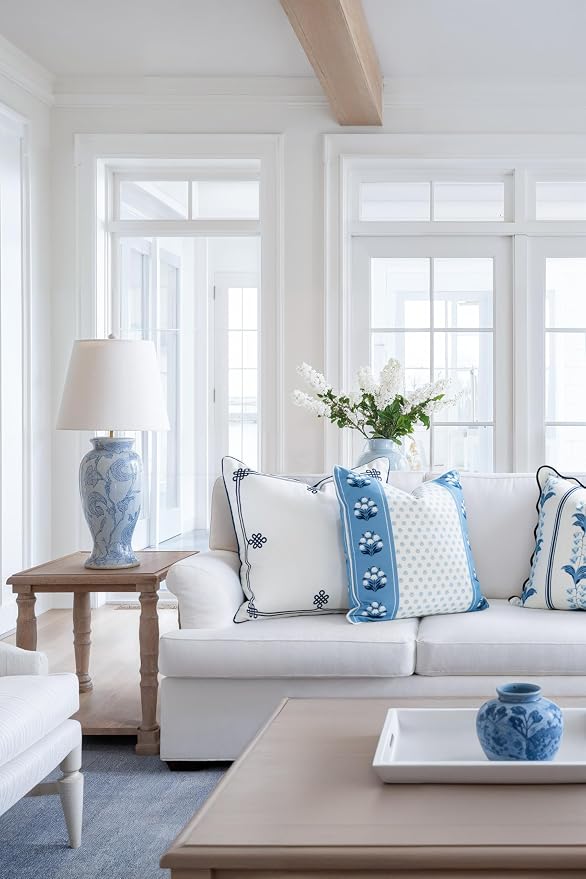 Hofdeco Premium Coastal Hampton Patio Indoor Outdoor Throw Pillow Cover Only, 22"x22" Water Repellent for Backyard, Couch, Poolside, Navy Blue Embroidered Chinoise Lucky Knots