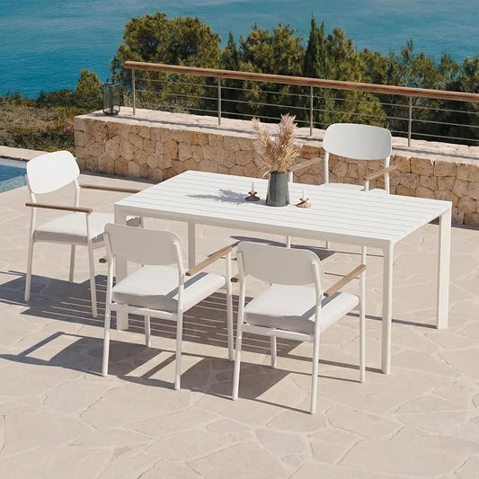 Modern Shade Lusso Outdoor Dining Chairs Set of 4, Fade Resistant, All-Aluminum Outdoor Chairs with FSC Teak Wood Armrests, Weather-Resistant Patio Chair with Quick Dry Cushion, White