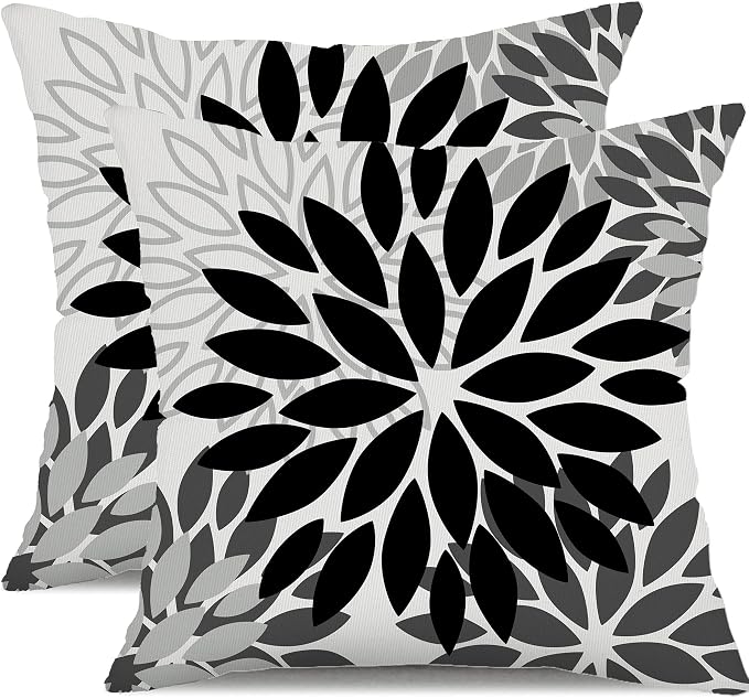 DFXSZ Outdoor Waterproof Pillow Covers 18x18 Set of 2 Black Grey Flower | Spring Summer Waterproof Flower Throw Pillowcases（No Inserts）Outdoor Decor for Patio Funiture Garden Polyester Covers