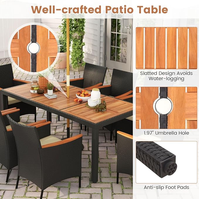 HAPPYGRILL 9 Pieces Outdoor Dining Set for 8, Patio Conversation Set with Acacia Wood Tabletop, Umbrella Hole, Washable Seat Cushions, Rattan Dining Table & Chair Set for Garden Yard Poolside