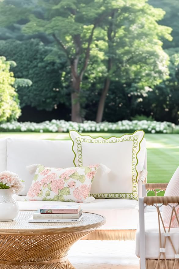 Hofdeco Premium Coastal Patio Indoor Outdoor Lumbar Pillow Cover Only, 12"x20" Water Repellent for Backyard, Couch, Blush Pink Green Print Sketch Hydrangea Flower