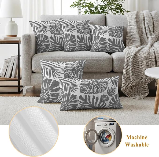 Grey Palm Leaves Outdoor Pillow Covers 18"x18" Set of 2, Tropical Botanical Minimalist Modern Waterproof Throw Pillow Covers for Patio Furniture, Decorative Cushion Covers for Porch