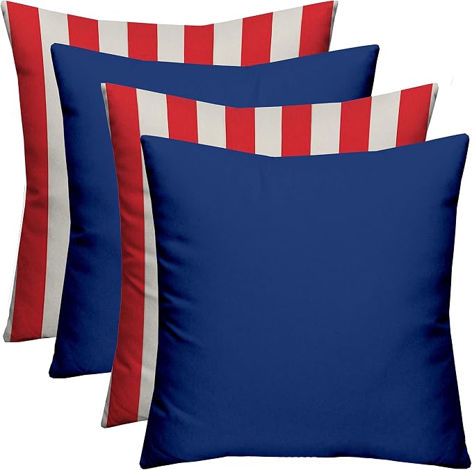 RSH DECOR Set of 4 Square Throw Pillows | Indoor/Outdoor All Weather Polyester Fabric | Decorative Accent Pillows for Patio Furniture | Reversible | 17" x 17" | Veranda Blue + Red & White Stripe