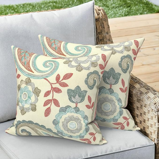 Outdoor 16x16 Inch Throw Pillow Covers Set of 2, Covers ONLY, All Weather Square Pillow Cases, Patio Cushion Pillow of Home Furniture Use, Paisley Vintage