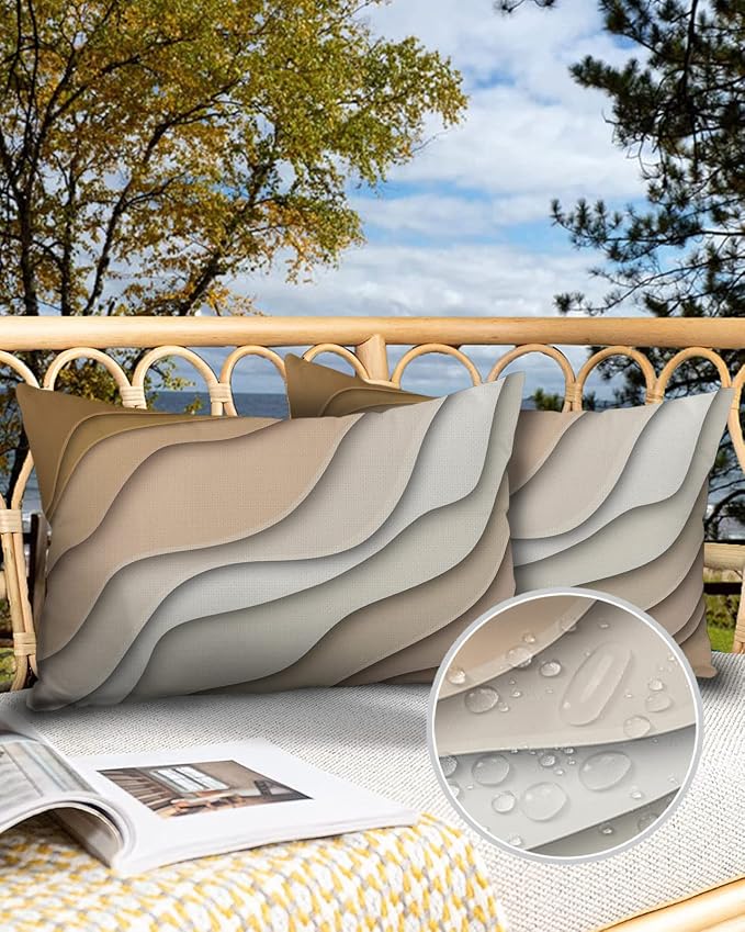 Outdoor Waterproof Pillow Covers for Patio Furniture Brown Modern Geometric Decorative Throw Pillow Cover Abstract Beach Wave Pillowcases Set of 2 Cushion Case for Sofa Couch 20 x 12 Inches