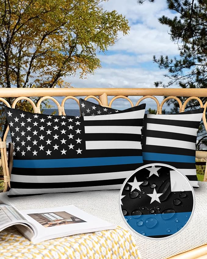 Outdoor Waterproof Pillow Covers Set of 2, Thin Blue Line Flag American Police Flag Honoring Law Enforcement Officers Patio Throw Pillow Covers, Decorative Cushion Case for Sofa Furniture, 20x12 Inch
